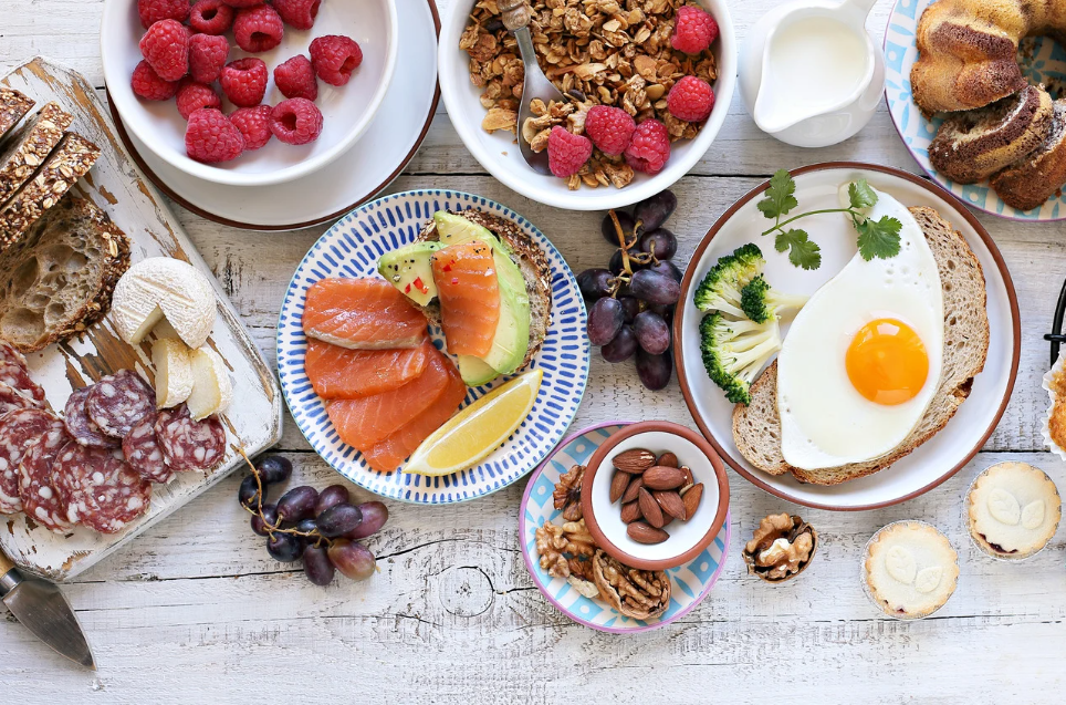 a table setting of brunch foods